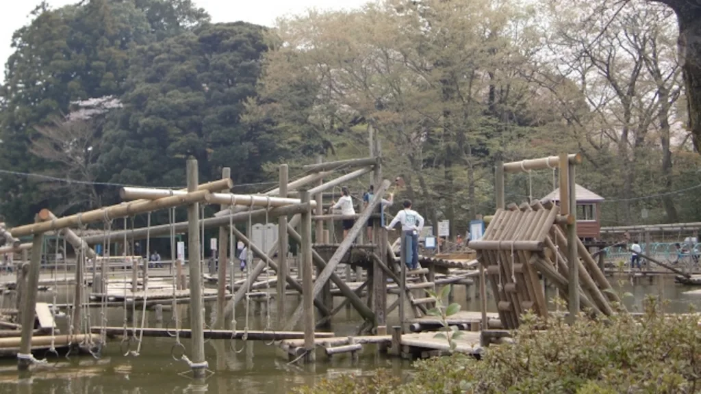 清水公園フィールドアスレチックの水上ターザンロープ
