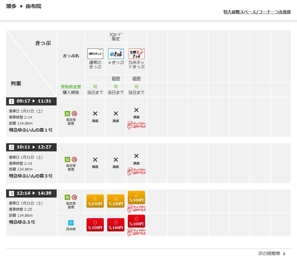 JR九州ネット予約で満席表示となっているゆふいんの森