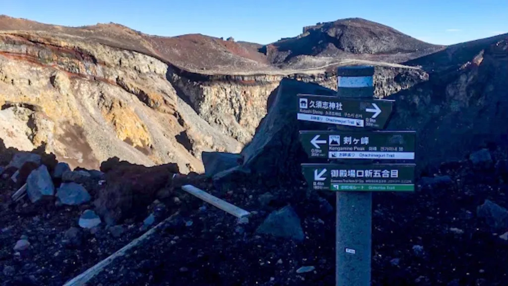 富士山の山頂にあるルートの案内板